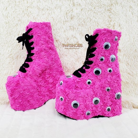 Demonia Shoes - Hot Pink Furry Platform Monster Punk Ankle Boots